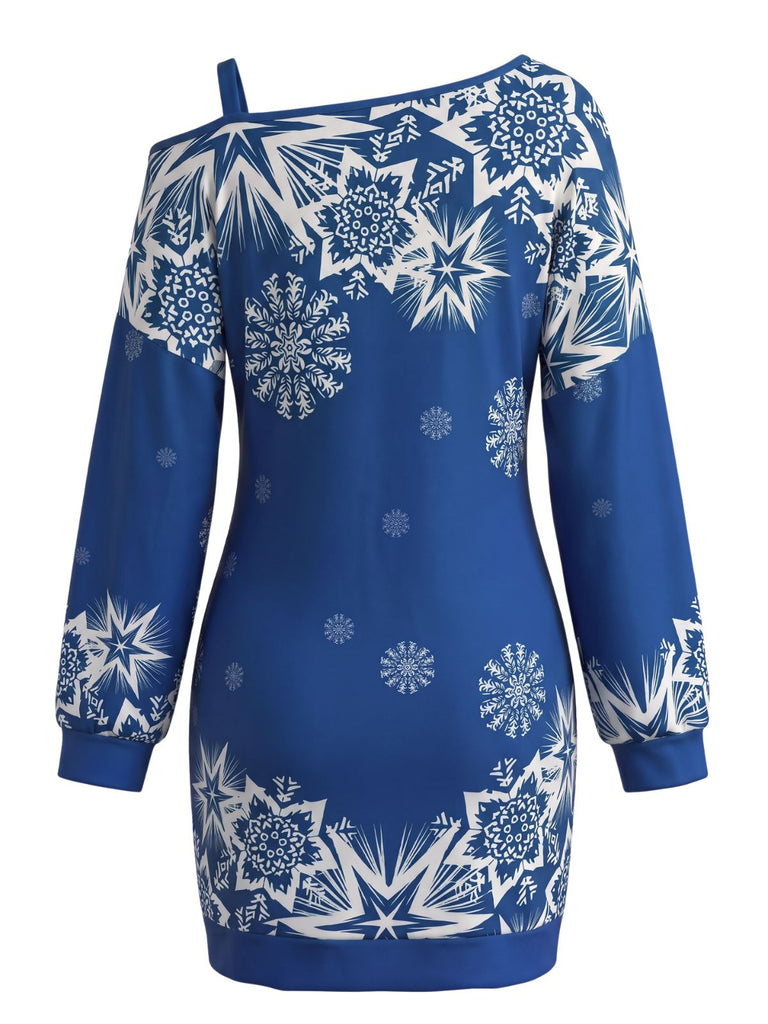 Robe courte de Noël à imprimé flocons et épaule asymétrique Années 1960 - 6