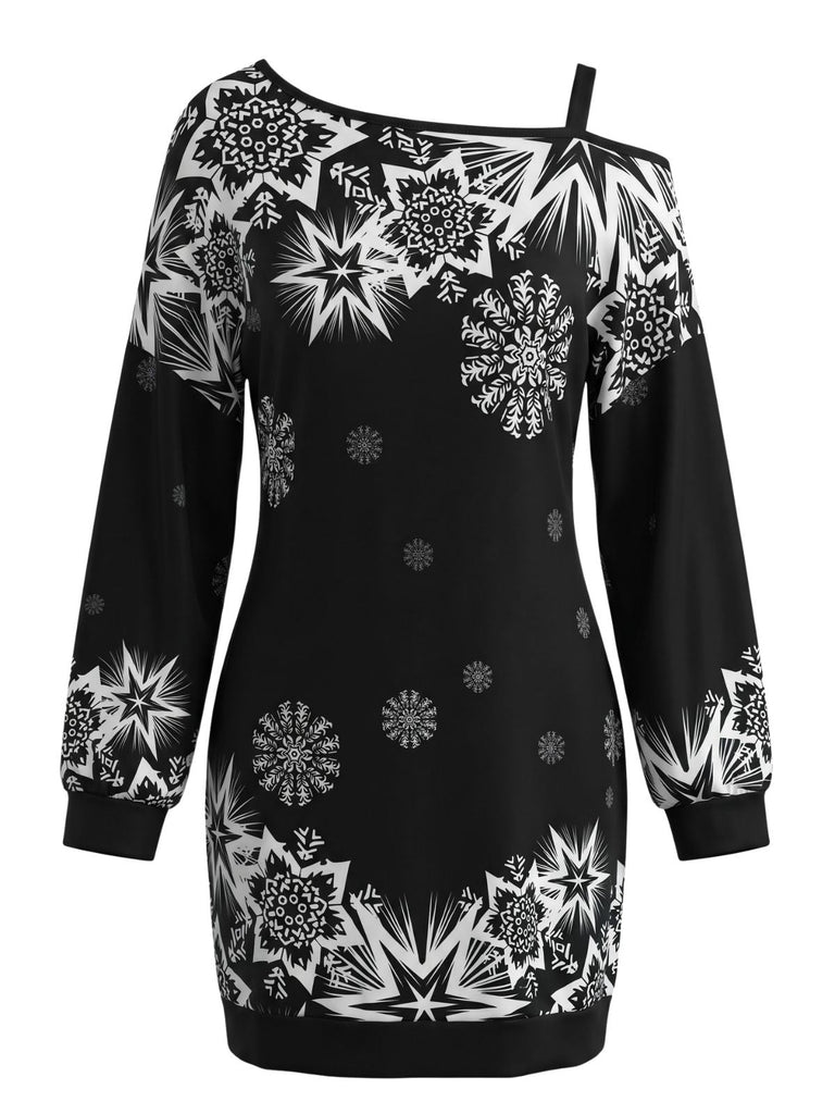 Robe courte de Noël à imprimé flocons et épaule asymétrique Années 1960 - 7