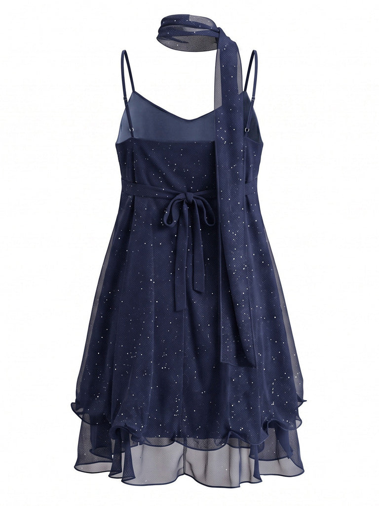 Robe courte en tulle scintillant à volants et foulard assorti Années 1970 - 2
