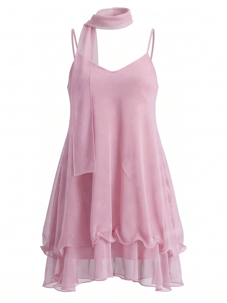 Robe courte en tulle scintillant à volants et foulard assorti Années 1970 - 3