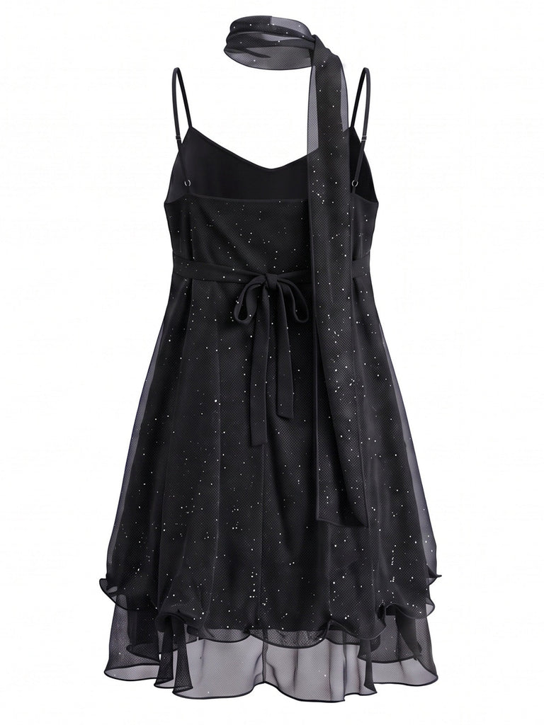 Robe courte en tulle scintillant à volants et foulard assorti Années 1970 - 6