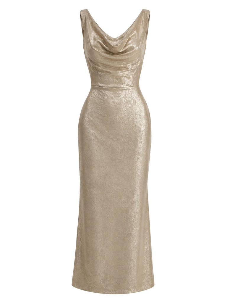 [Prévente] Robe Crayon Dorée Scintillante à Col Drapé et Dos Découpé Années 1930 - 2