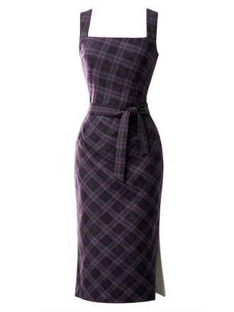 [Prévente] Robe crayon violet foncé à carreaux, col carré et ceinture années 1960 - 1