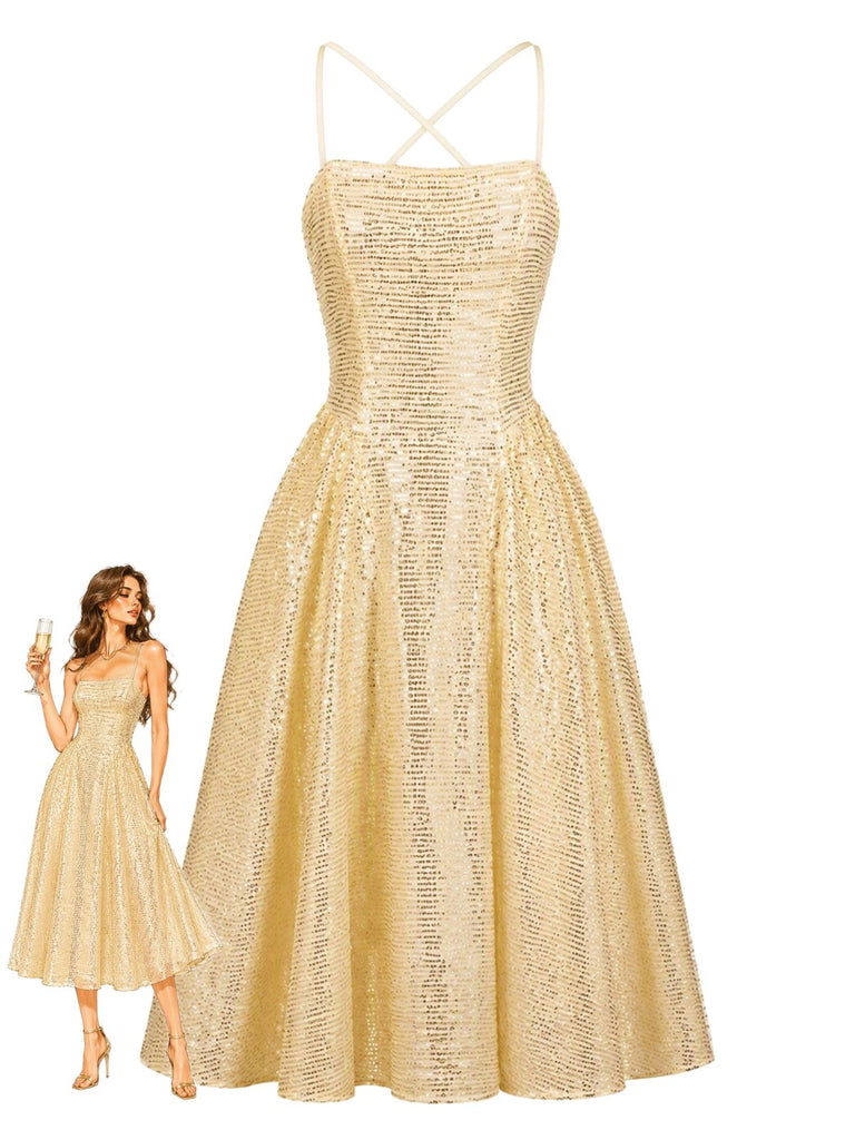 Robe de Cocktail Midi Dorée à Paillettes et Fines Bretelles Années 1950 - 1