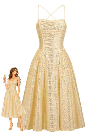 Robe de Cocktail Midi Dorée à Paillettes et Fines Bretelles Années 1950 - 1