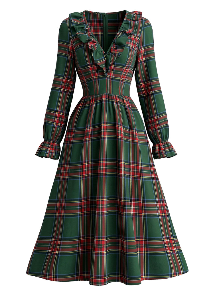 Robe de Noël à Carreaux, Col à Volants et Manches Longues Années 1950 - 3