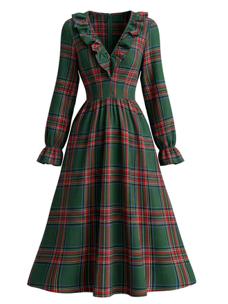 Robe de Noël à Carreaux, Col à Volants et Manches Longues Années 1950 - 3