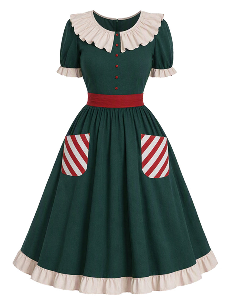 [Prévente] Robe de Noël à col volanté, nœud et poches cannes en sucre Années 1950 - 2