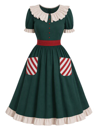 [Prévente] Robe de Noël à col volanté, nœud et poches cannes en sucre Années 1950 - 2