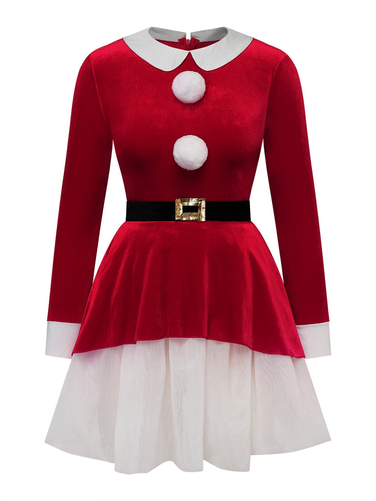 Robe de Noël en velours à étages, ourlet blanc et ceinture Années 1950 - 1