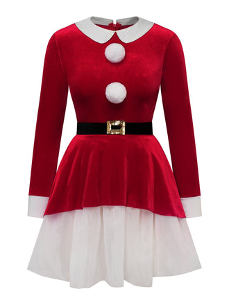 Robe de Noël en velours à étages, ourlet blanc et ceinture Années 1950 - 1