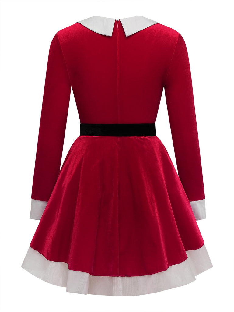Robe de Noël en velours à étages, ourlet blanc et ceinture Années 1950 - 2