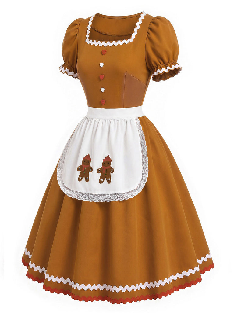 [Prévente] Robe de Noël marron clair bonhomme en pain d’épices avec tablier années 1950 - 3