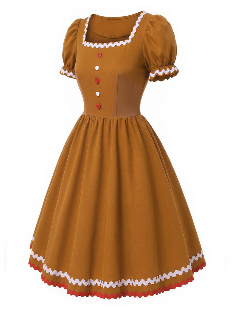 [Prévente] Robe de Noël marron clair bonhomme en pain d’épices avec tablier années 1950 - 6