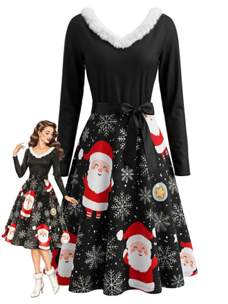 Robe de Noël noire ceinturée à bordure en fausse fourrure années 1950 - 1