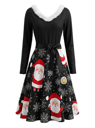 Robe de Noël noire ceinturée à bordure en fausse fourrure années 1950 - 2
