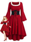 Robe de Noël rouge à col carré duveteux ourlet asymétrique années 1950