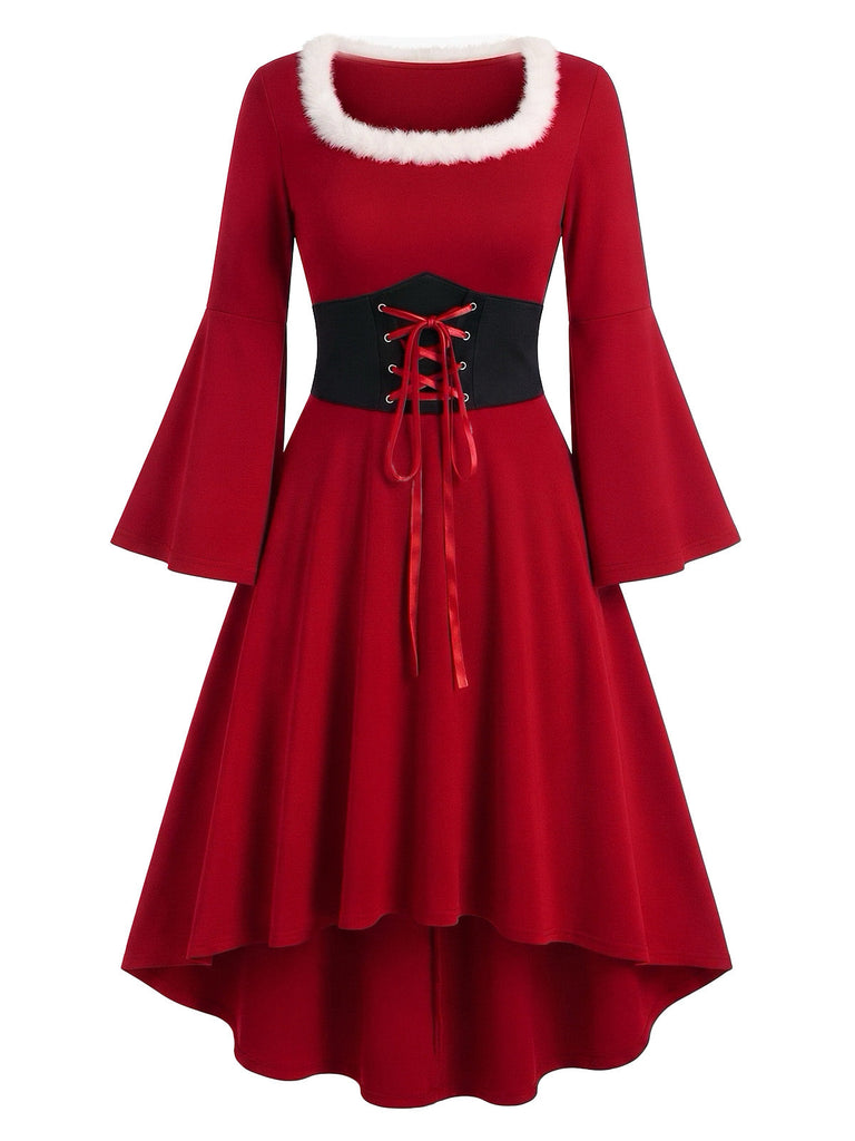 Robe de Noël rouge à col carré duveteux, manches évasées et ourlet asymétrique années 1950 - 2