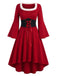 Robe de Noël rouge à col carré duveteux, manches évasées et ourlet asymétrique années 1950 - 2