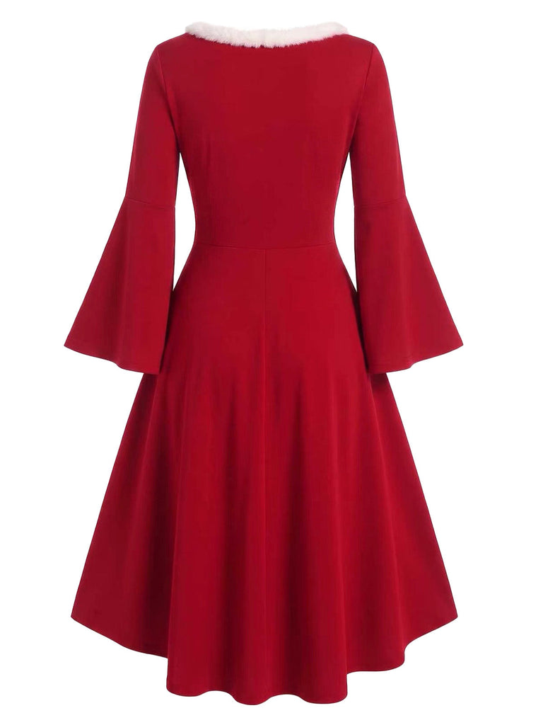 Robe de Noël rouge à col carré duveteux, manches évasées et ourlet asymétrique années 1950 - 3