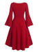 Robe de Noël rouge à col carré duveteux, manches évasées et ourlet asymétrique années 1950 - 3