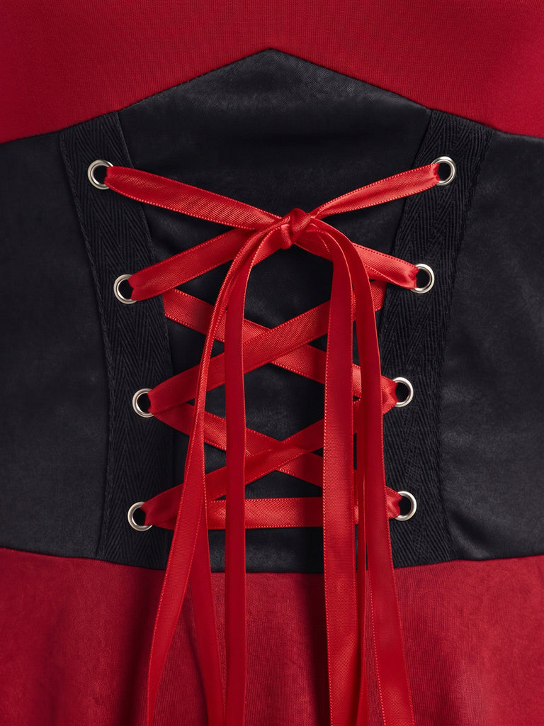 Robe de Noël rouge à col carré duveteux, manches évasées et ourlet asymétrique années 1950 - 5