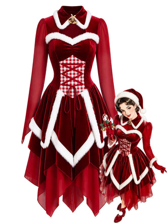 [Prévente] Robe de Noël rouge en velours à laçage et ourlet en pointes années 1950 - 1
