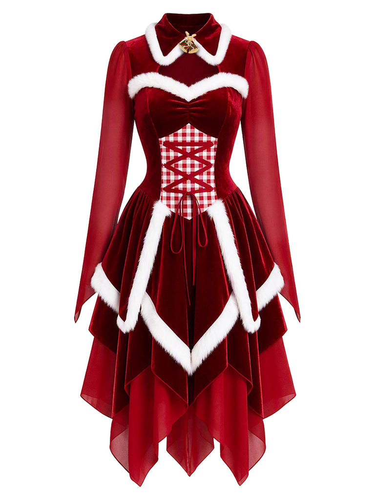 [Prévente] Robe de Noël rouge en velours à laçage et ourlet en pointes années 1950 - 2