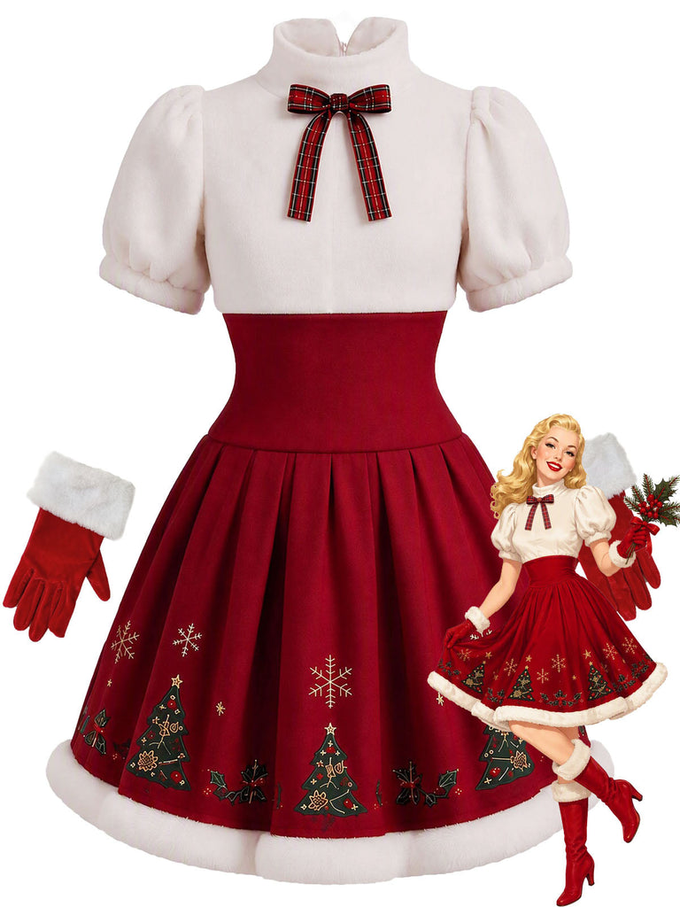 [Prévente] Robe de Noël rouge et blanche bouffante à bordure en fausse fourrure Années 1960 - 1