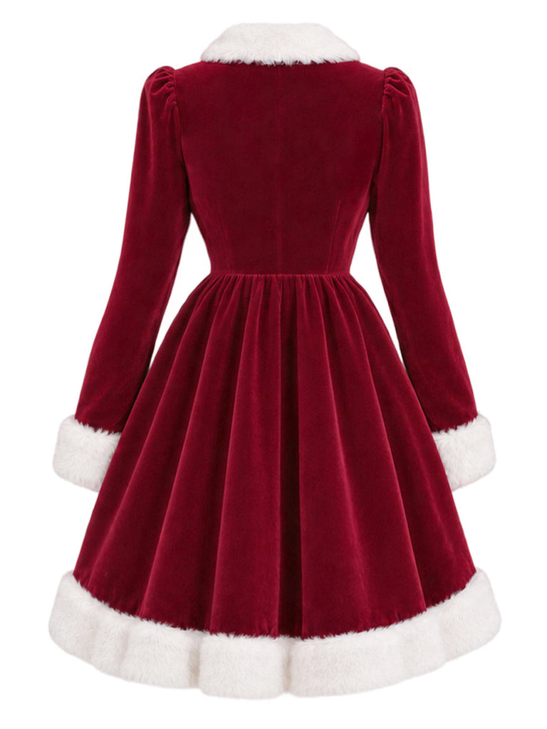 [Prévente] Robe de Noël rouge et blanche en velours à nœud et bordure en fausse fourrure années 1950 - 3