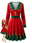 Robe col V motif Noël rouge et vert années 1950