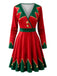 Robe de Noël rouge et verte imprimée à col V années 1950 - 2