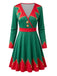 Robe de Noël rouge et verte imprimée à col V années 1950 - 4