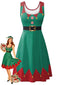 Robe sans manches motif Noël dans les tons vert et rouge années 1950