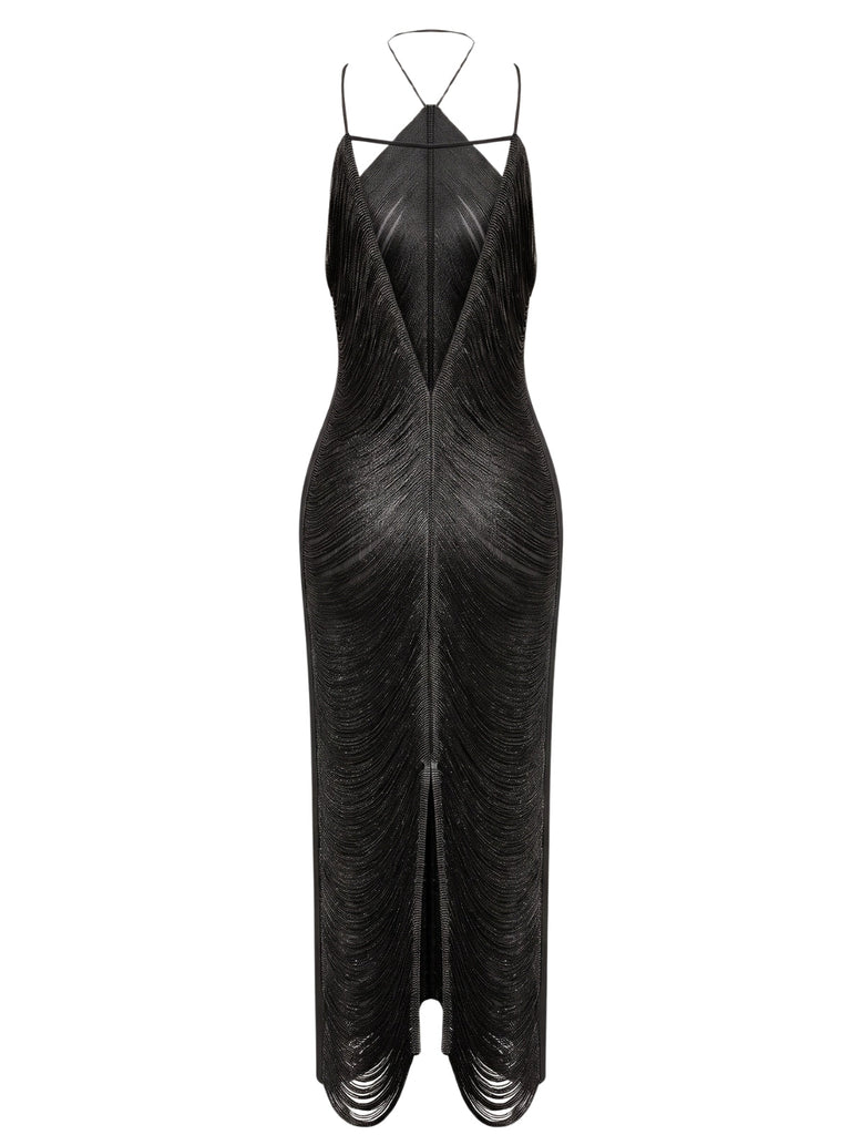 Robe de soirée longue dorée à franges, col dos-nu et fente au dos Années 1930 - 11