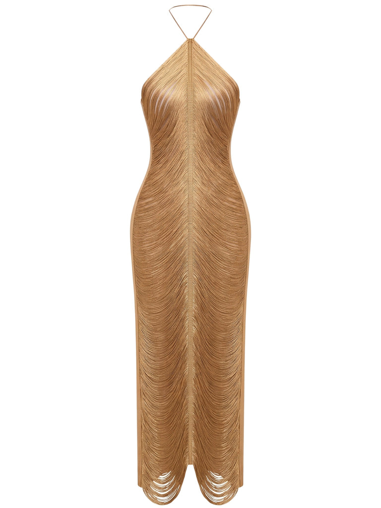 Robe de soirée longue dorée à franges, col dos-nu et fente au dos Années 1930 - 1
