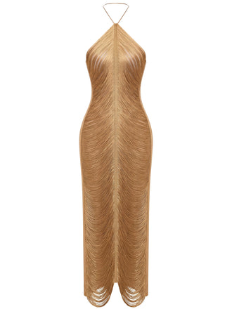 Robe de soirée longue dorée à franges, col dos-nu et fente au dos Années 1930 - 1