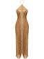 Robe de soirée dorée franges dos nu et fendue années 1930