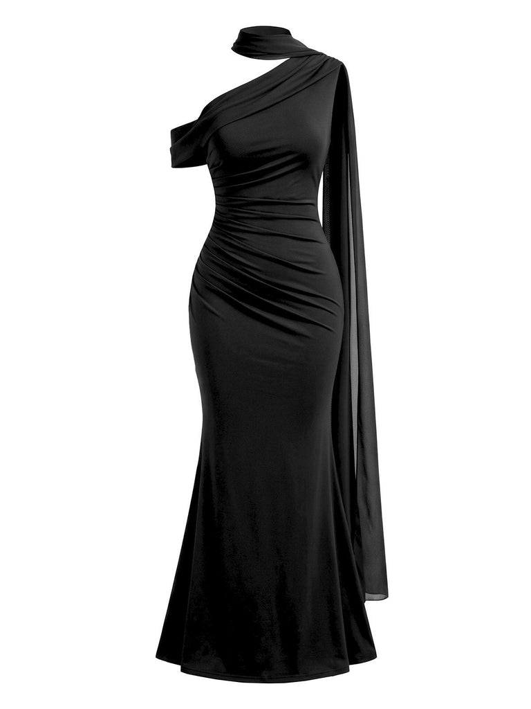 Robe de soirée sirène à col dos-nu asymétrique et fronces Années 1930 - 4
