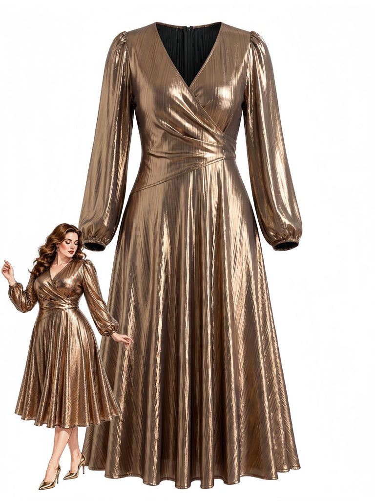 [Grande Taille] Robe Dorée Métallisée à Col V et Manches Lanternes Années 1970 - 1