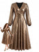 [Grande Taille] Robe Dorée Métallisée à Col V et Manches Lanternes Années 1970 - 1