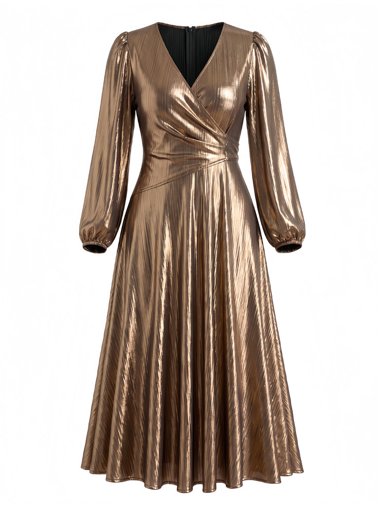[Grande Taille] Robe Dorée Métallisée à Col V et Manches Lanternes Années 1970 - 2