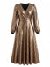 [Grande Taille] Robe Dorée Métallisée à Col V et Manches Lanternes Années 1970 - 2
