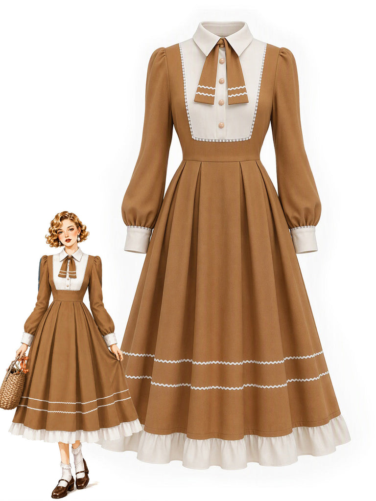 [Prévente] Robe effet deux pièces à col à revers et galon ondulé contrastant années 1940 - 1