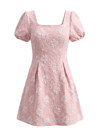 Robe en jacquard floral à col carré et manches bouffantes années 1960 - 1