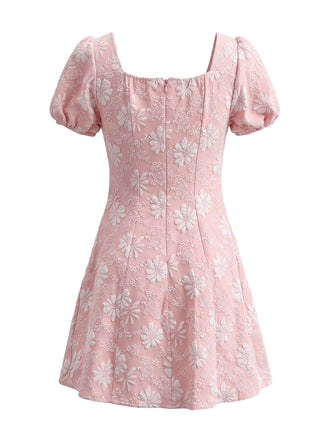 Robe en jacquard floral à col carré et manches bouffantes années 1960 - 2