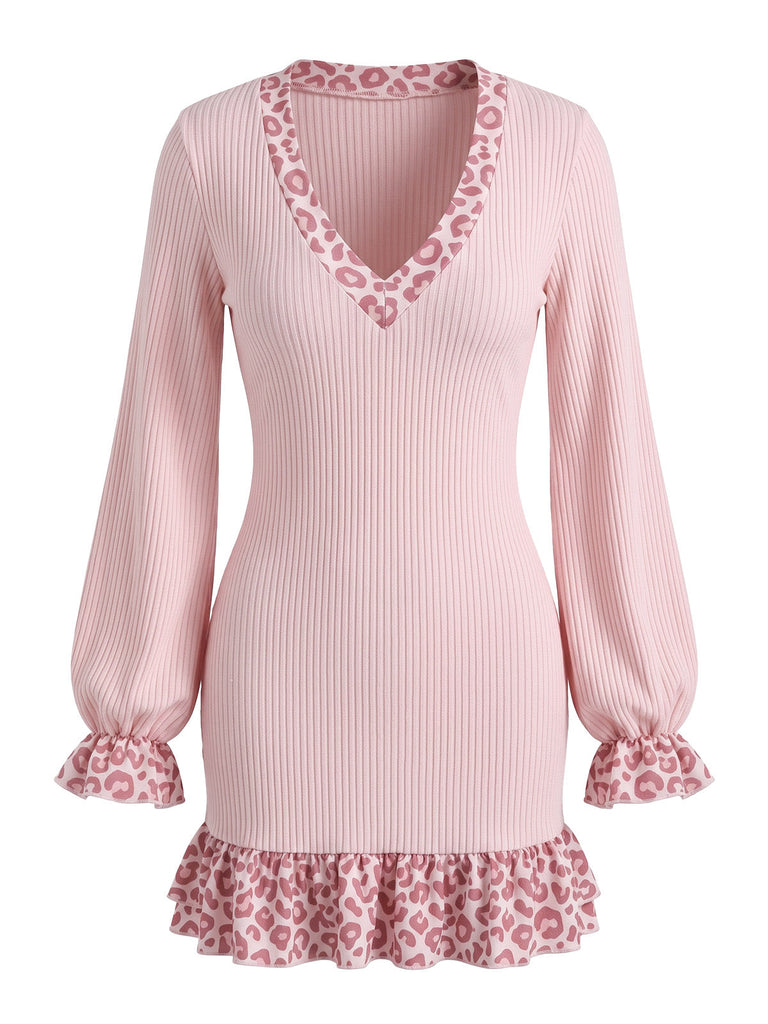 Robe en maille côtelée à bordure léopard et manches lanternes Années 1960 - 1