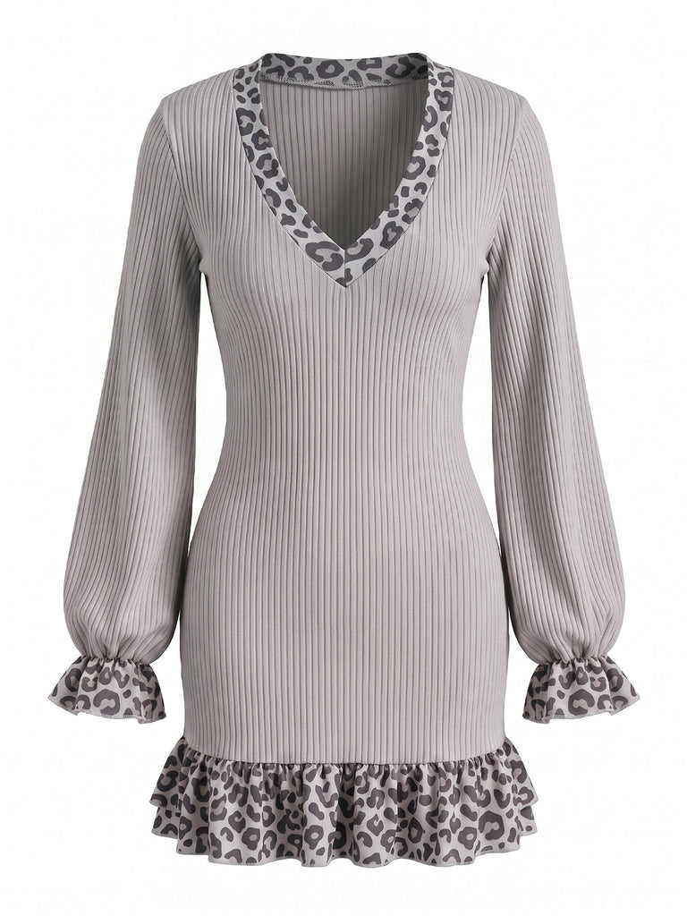 Robe en maille côtelée à bordure léopard et manches lanternes Années 1960 - 6