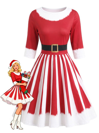 Robe évasée à imprimé de Noël et manches mi-longues Années 1950 - 1