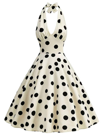 Robe évasée beige à pois et tour de cou années 1950 - 1